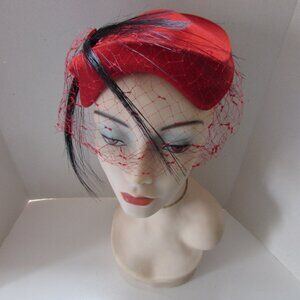 Vintage Cherry Red Cocktail Hat Swooping Black Feathers
